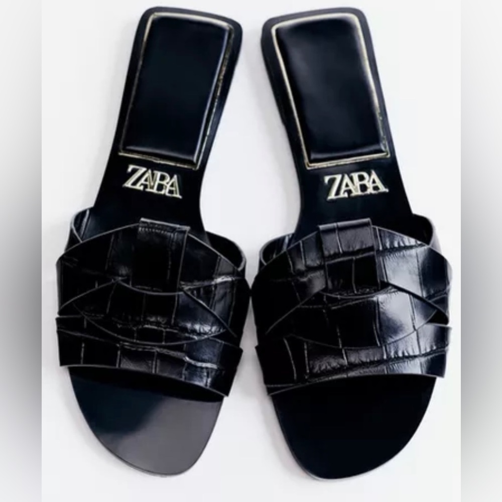Zara Black Cross-Strap Flat Leather Sandals, Size 6